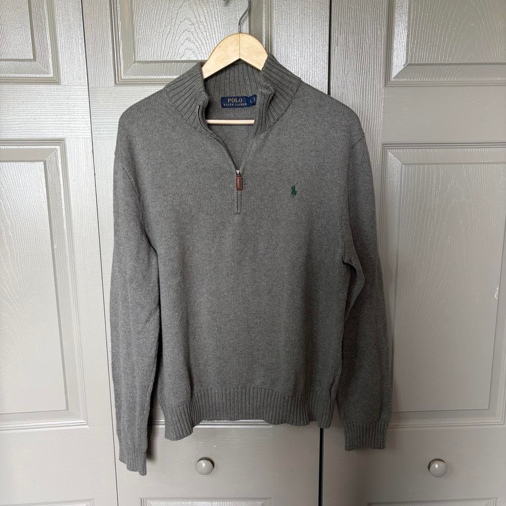 Polo Ralph Lauren Mens Grey Quarter Zip Sweater Leather Tab Size L